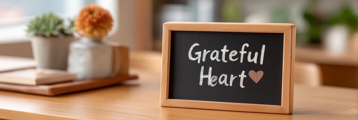 Chalkboard with "Grateful Heart" inscription on wooden stand, surrounded by houseplants and warm decor, cozy atmosphere concept of home decor or wellness