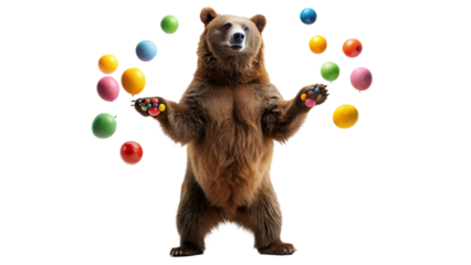 Bear Juggling Colorful Balloons Standing Up on Transparent Background