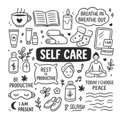 Hand-Drawn Illustration of Self Care Collection
 - Set of Doodle Art for Mental Health