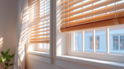Bright wooden venetian blinds gently filtering sunlight inside a modern home, creating a serene atmosphere, cozy concept of interior design or home decor