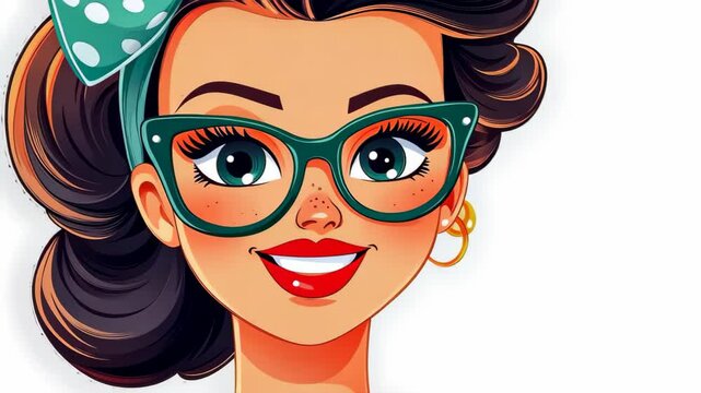 Cartoon Woman with Glasses: A smiling cartoon woman with retro glasses and a spotted bow radiates classic charm.