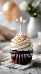 Celebrate With a Chocolate Cupcake Topped With Cream and a Candle for Special Occasions