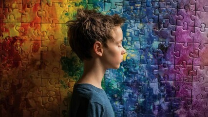 The back profile of a young boy with autism resting against an oversized jigsaw puzzle wall showcasing vibrant colors and patterns. This image illustrates the intersection of art child - Powered by Adobe
