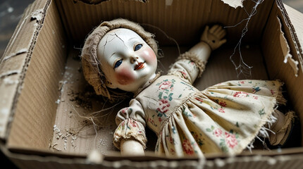 Intimate Close-up of an Abandoned Antique Rag Doll in a Damaged Box in Halloween Style