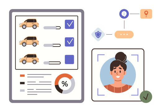 Multiple cars on a selection form with stats and completion checks, user facial recognition process, analytic icons, security, and geolocation. Ideal for technology, safety, data analysis, user