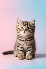 Obraz premium Small tabby kitten sitting on a pink and blue gradient background. Adorable fluffy baby cat looking forward.