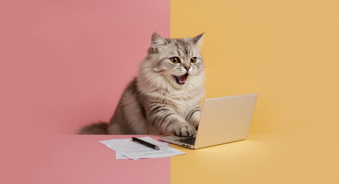 Funny fluffy silver tabby cat energetically typing on laptop at desk with split pink and yellow background. Cute cat busy working and studying. Online registration concept. Funny business presentation