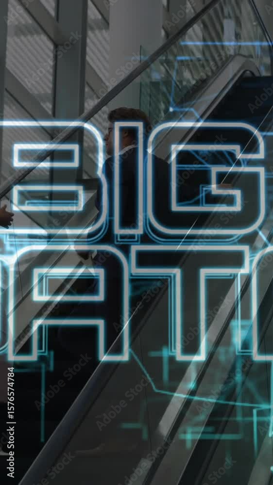 Poster big data text animation over people using escalator in modern building