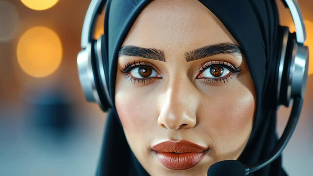 Focused Customer Support: A close-up portrait of a focused customer service representative with a warm, inviting gaze. She is wearing a headset and exudes professionalism.