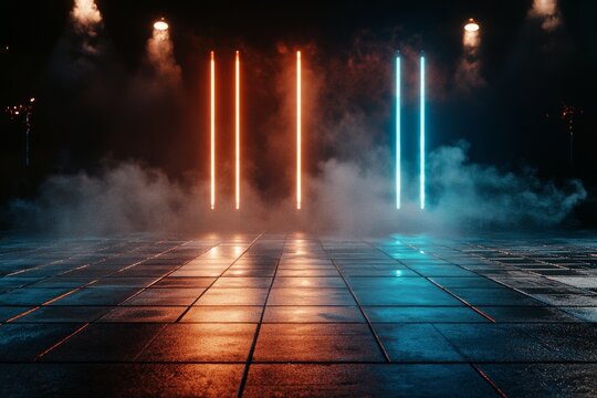Colorful Neon Lights Illuminate an Empty Dance Floor in a Nightclub Setting During the Evening