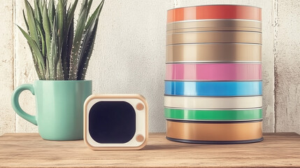 Modern vintage gadgets on wooden table with colorful tape rolls and a potted plant, creative home décor concept of design or crafting.