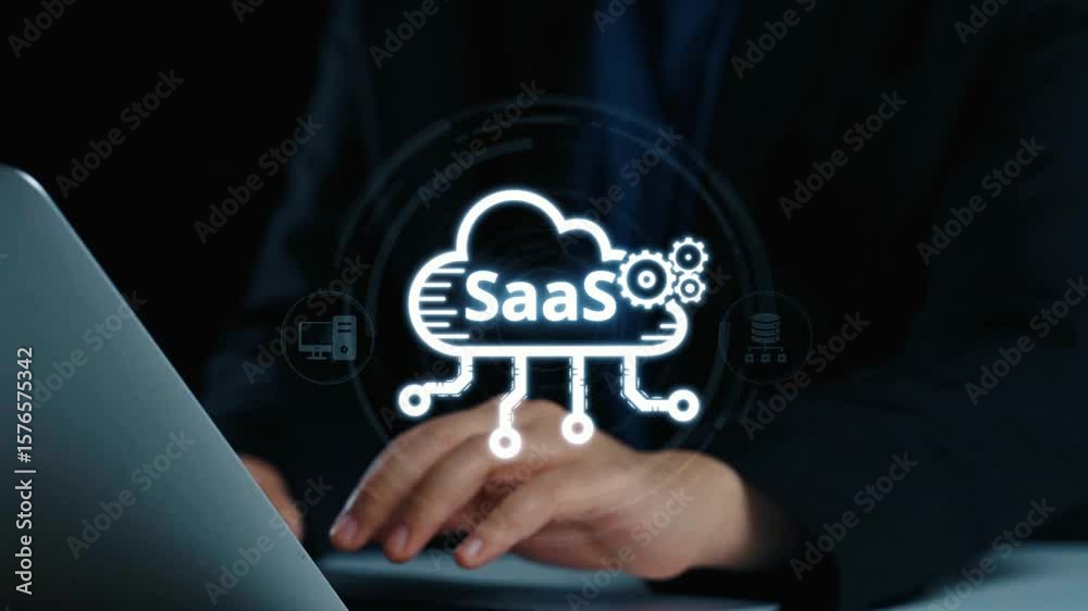 Poster visual representation of saas showing infrastructure, saas deployment, saas platform features, and s