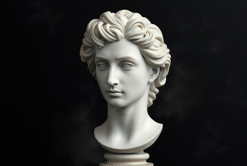 A classical marble bust of a man with curly hair is displayed against a dark background, highlighting its intricate details and artistic elegance	