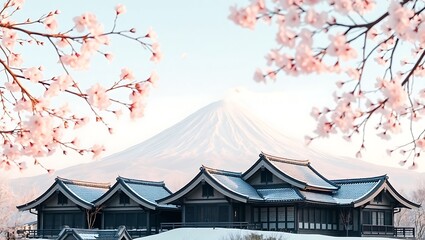 Fototapeta premium A serene japanese landscape featuring traditional buildings fuji mountain and cherry blossom branches