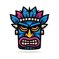Obraz premium A vibrant tiki mask with angry expression, detailed feathers and bold colors.