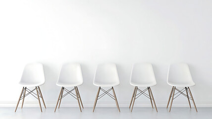 Five modern white chairs are neatly arranged in a row against a clean white wall