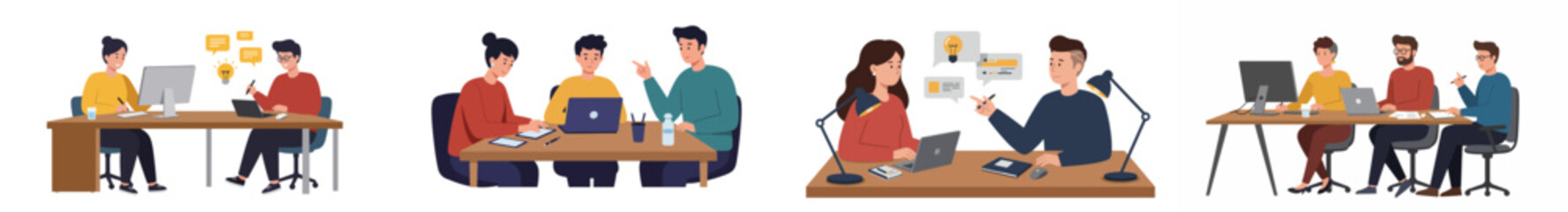 Illustration of a modern office environment with four interconnected scenes of professional collaboration