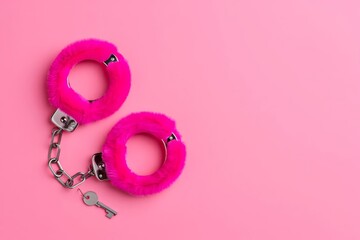 Fluffy handcuffs and key on pink background, top view. Space for text.