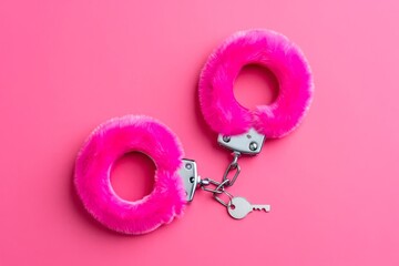 Fluffy handcuffs and key on pink background, top view. Space for text.