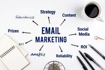 EMAIL MARKETING. Cntent, Social Media, Subscriber List and Analysis concept.