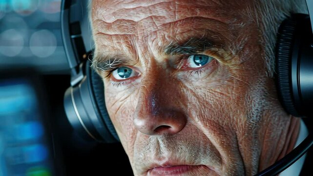 Focused Aviator: A close-up portrait of a seasoned aviator, eyes sharply focused, wearing a headset as they navigate in a high-tech cockpit, embodying experience, and control.