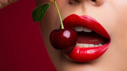 Beautiful sexy woman with red lips and cherry on dark background with space for text, closeup.