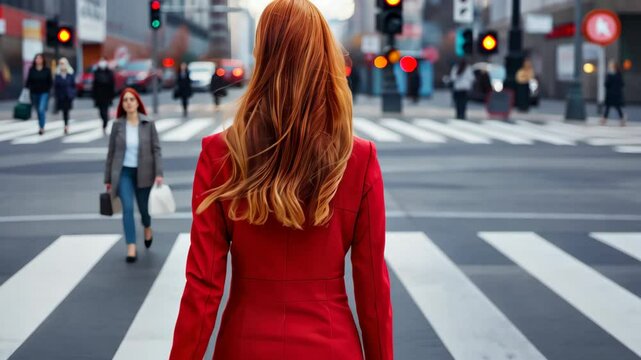 City Stroll: A captivating photo of a businesswoman in a red jacket confidently crossing a crosswalk, embraced by the energy of the city, her focus unwavering and her stride purposeful.