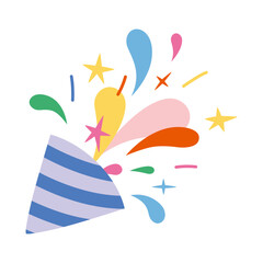 Party popper bursting with confetti, sparkle and colorful festive elements. Symbol of celebration and joy. Trendy modern vector illustration isolated on white background, hand drawn, flat design