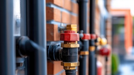 Fototapeta premium Pipes and valves on brick wall