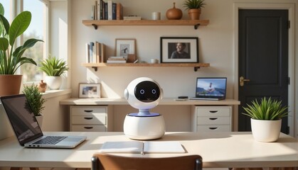 Friendly robot assistant with glowing eyes, engaging users with technology, in a modern home office with plants and natural light, concept of home automation and tech support