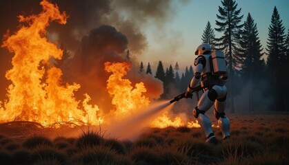 Fototapeta premium Futuristic firefighting robot extinguishing flames in a forest landscape at dusk with smoke and orange fire, inspiring concept of technology and emergency services