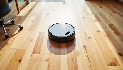 Robotic vacuum cleaner cleaning hardwood floor in bright room with natural light, modern design concept of home automation and cleaning services