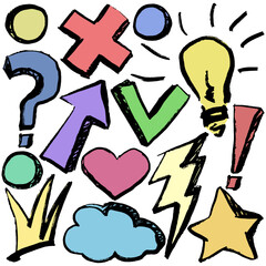 Colorful elements with black outline with texture. Hand drawn doodles. Comic, cartoon style. Arrow, lightning, circles, crown, star, cloud, hart, bulb. Vector, isolated.