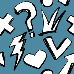Pattern with hand drawn elements, black and white with texture. Doodles. Comic, cartoon style. Arrow, lightning, circles, crown, hart, question mark. Vector, isolated.