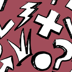 Pattern with funny  hand drawn elements, black and white with texture. Doodles. Comic, cartoon style. Arrow, lightning, circles, crown, question mark. Vector, isolated.