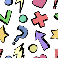 Seamless pattern colorful elements with black outline and texture. Hand drawn doodles. Comic, cartoon style. Arrow, lightning, circles, crown, star, cloud, hart, bulb. Vector, isolated.