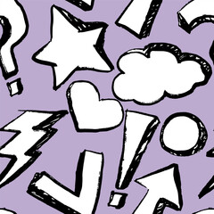 Pattern with hand drawn elements, black and white with texture on Lila background. Doodles. Comic, cartoon style. Arrow, star, cloud, lightning, circles, crown, hart, question mark. Vector, isolated