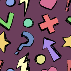 Fun pattern with elements, black outline ink texture. Hand drawn doodles. Comic, cartoon style. Arrow, lightning, circles, star, hart. Vector, isolated