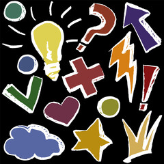 Colorful element white outline with texture. Hand drawn doodles. Comic, cartoon style. Arrow, lightning, circles, crown, star, cloud, hart, bulb. Vector, isolated.