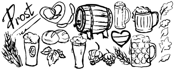Black and white banner Oktober fest hand draw doodle. Set with beer glasses, barrel, leaves, pretzel, sausage, bread , german icons. Vintage, retro style. Vector, isolated with Ink and brush texture.