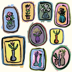 Funny abstract style frames set. Hand draw, markers with texture. Vector, isolated.