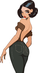 a cartoon-style illustration of a woman, characterized by her stylized features and exaggerated proportions, particularly in the lower body