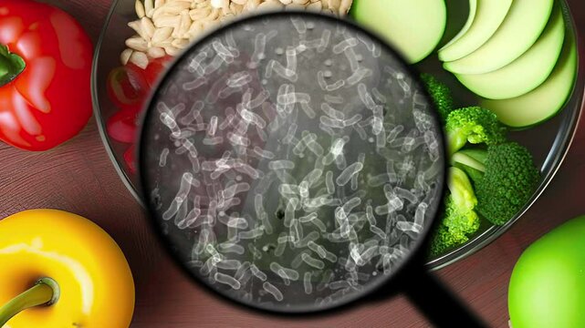 Magnified View of Bacteria on Fresh Fruits and Vegetables Highlighting Food Safety Concerns