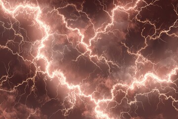 Electric storm shows bright bolts of lightning striking through ominous, dark storm clouds during a severe thunderstorm at night