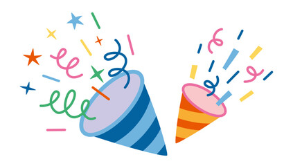 Two festive poppers cones bursting with confetti and sparkles. Party celebration and joyful event concept. Trendy modern vector illustration isolated on white background, hand drawn, flat design