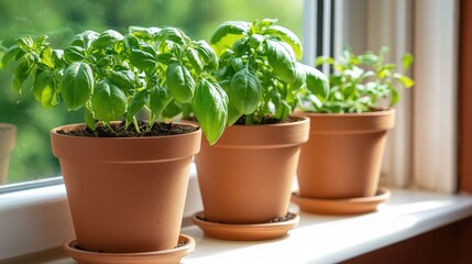 Potted herbs on windowsill