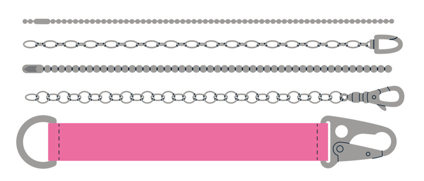 Set of decorative chains, straps, carabiners, clasps and metal links for fashion accessories. Trendy modern vector illustration isolated on white background, hand drawn, flat design