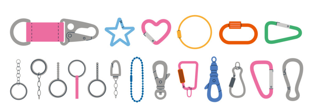 Colorful set of carabiners, chains, clips and charms for keychains and bag accessories. Trendy modern vector illustration isolated on white background, hand drawn, flat design