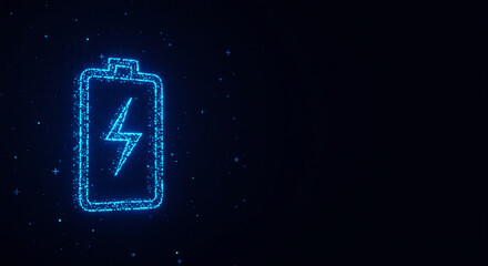Obraz premium Glowing blue battery icon with a lightning bolt, rendered with sparkling particles, symbolizes energy and power in a modern, technological design suitable for digital applications.
