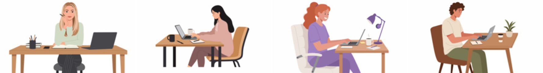 Four professionals working at wooden desks in a bright office space